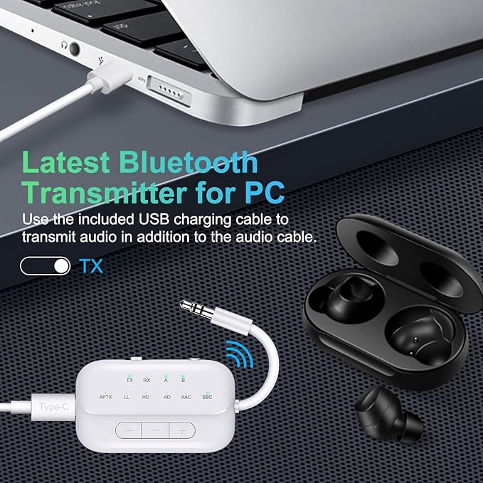 Bluetooth Transmitter Receiver, 2-in-1 V5.3 Wireless Adapter for Airplane, TV, PC, Gym, Switch. Supports up to 2 AirPods/Headphones. Audio Receiver for Car/Home Stereo,with AptX Low Latency & HD