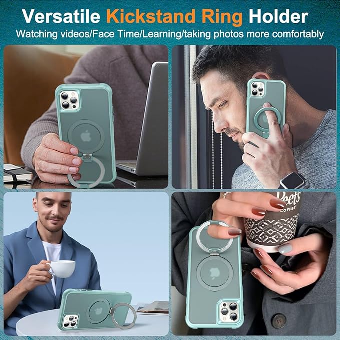 Magnetic Compatible with iPhone 12 Pro Max Case with Stand [Military Grade Drop Tested][Compatible with Magnet] Ring Translucent Slim Hard Back Soft Edge, Teal Green