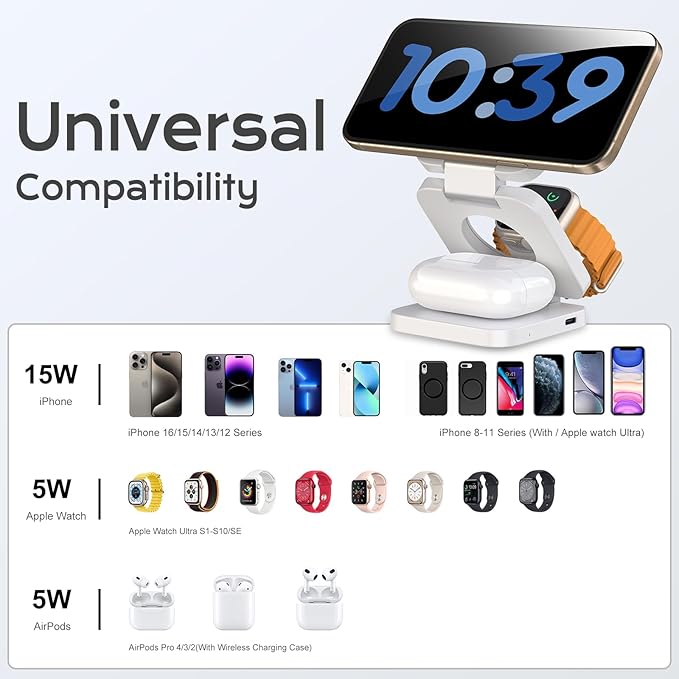 Wireless Charger for iPhone, KU XIU 3 in 1 Travel Charging Station for iPhone 17/16/15/14/13/12 Series, 5W Foldable Charger for Apple Watch10/9/8/7/6/5/4/3/SE, for Airpods 4/3/2/Pro