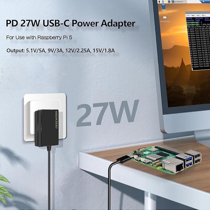 IJP 27W Power Supply Adapter for Raspberry Pi 5, Orange Pi 5, 5 Pro, 5 Plus, 5 Max, CM5, Type C Power Supply Cord, 5.1V 5A Charger, USB C Power Supply Cable 3.3FT (Black)