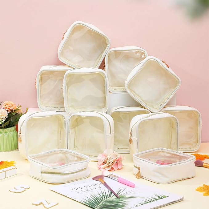 Kacctyen 12 Pcs Mini Makeup Bag Nylon Small Pouch for Purse Mini Square Nylon Pouch with Zipper Small Cosmetic Travel Makeup Bag Purse Organizer for Women (White Color,Translucent)