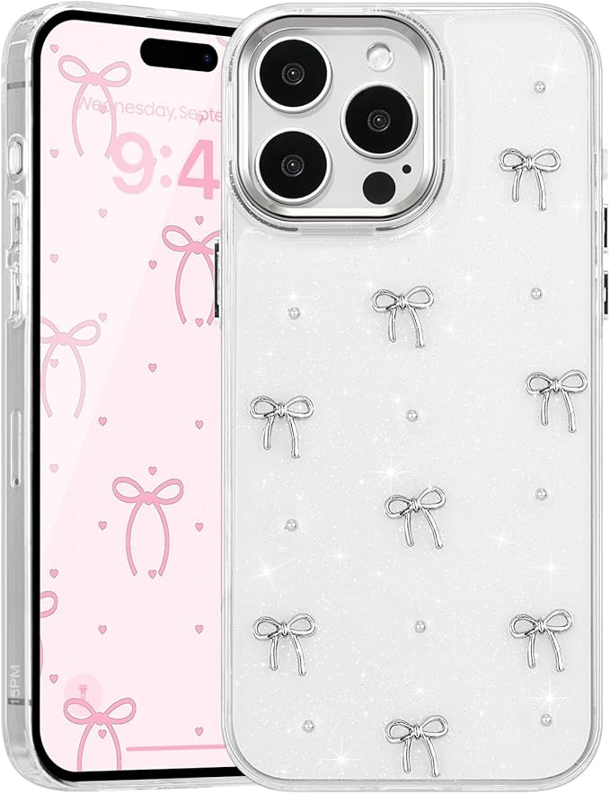 EYZUTAK Case for iPhone 15 Pro Max, Bling Glitter 3D Bowknot Phone Case Cute Sparkly Crystal Clear Bow Aesthetic Design Case Slim Soft Durable TPU Transparent Protective Cover for Women Girls - Bow
