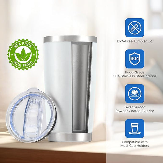 OMTech 20oz Tumblers Bulk, 6pc Stainless Steel Tumbler Set with Lid & Straw, Double Wall Vacuum Insulated Mug for Laser Engraver, Travel Coffee Mug for Hot & Cold Drinks, White Powder Coated Cup