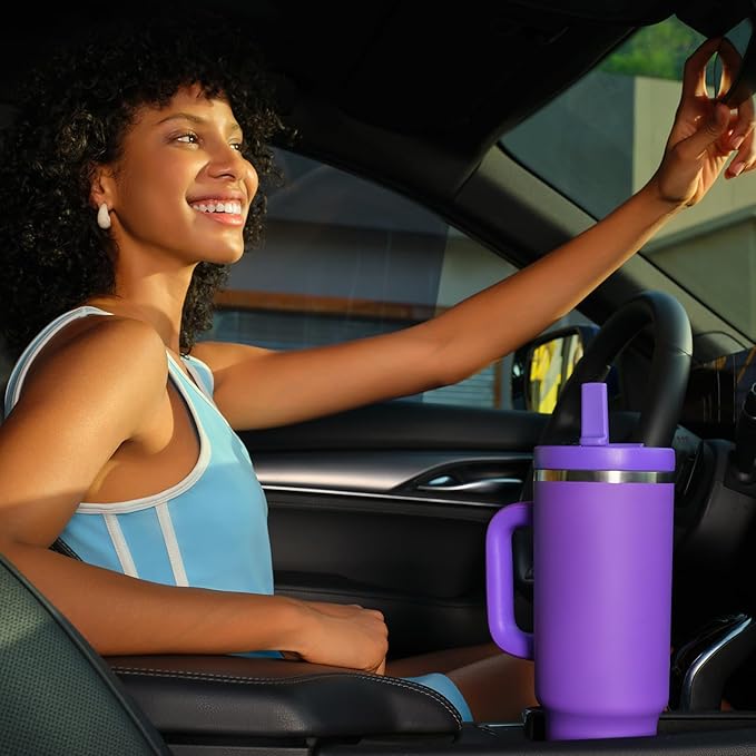 40 oz Tumbler with Handle and Straw: Stainless Steel Insulated Tumbler Keeps Cold for 24 Hours, Leakproof Travel Cup Fits in Cup Holder and BPA-Free, Violet