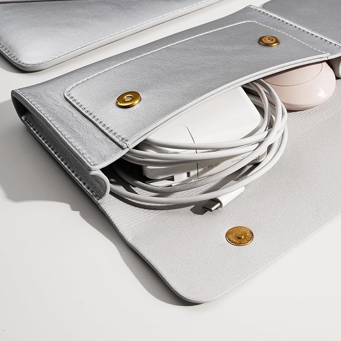 PU Leather Laptop Sleeve 16 Inch Compatible with New MacBook Pro 16 A2991, MacBook Pro 15, Surface Book 15, Dell XPS 15 with Small Pouch, Mouse Pad and Cord Organizer Color Silver