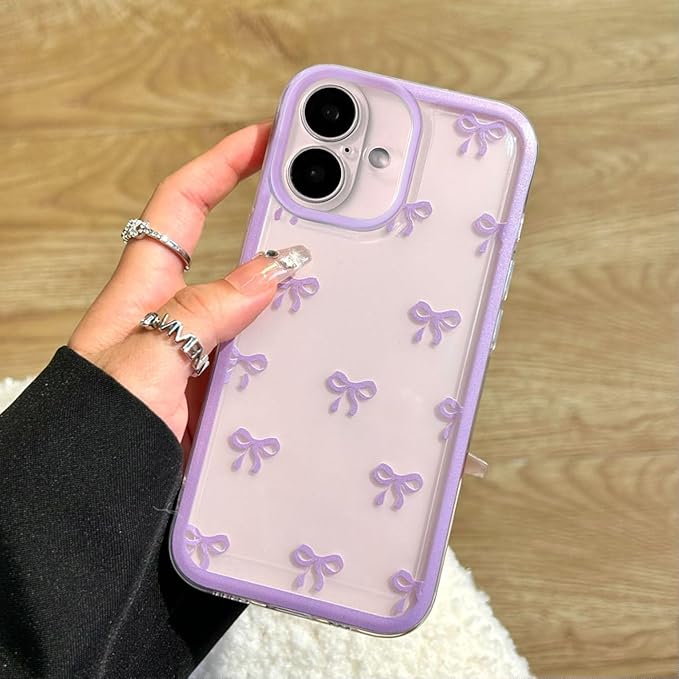EYZUTAK Case for iPhone 16 Plus, Clear Cute Ribbon Bowknot Pattern Aesthetic Transparent Phone Case Raised Camera Protection Stylish Slim Soft Durable TPU Protective Cover for Women Girls - Purple