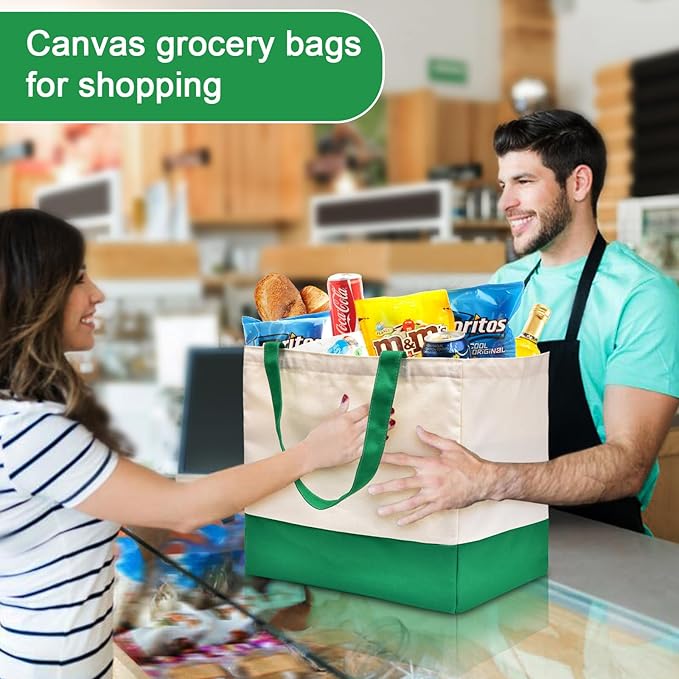 Canvas Reusable Grocery Bags, Heavy Duty 8.3 gal Foldable Large Canvas Tote Bag, Holds 60 lbs, 1 Pack