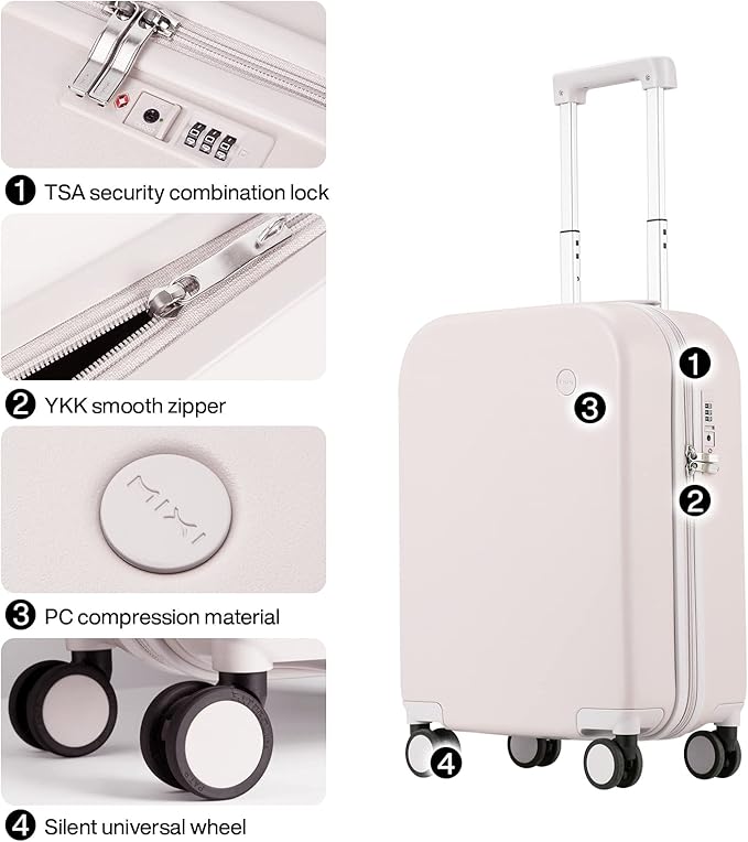 mixi Carry on Luggage, 20'' Suitcase Spinner Wheels Luggage Hardshell Lightweight Rolling Suitcases PC with Cover & TSA Lock for Business Travel, Off White（Slight Pink）