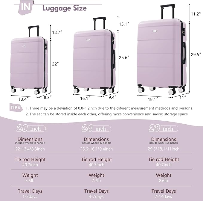 Merax Luggage Sets of 3 Piece Carry on Suitcase Airline Approved,Hardcase Suitcase Set with Double Spinner Wheels,Pink Purple