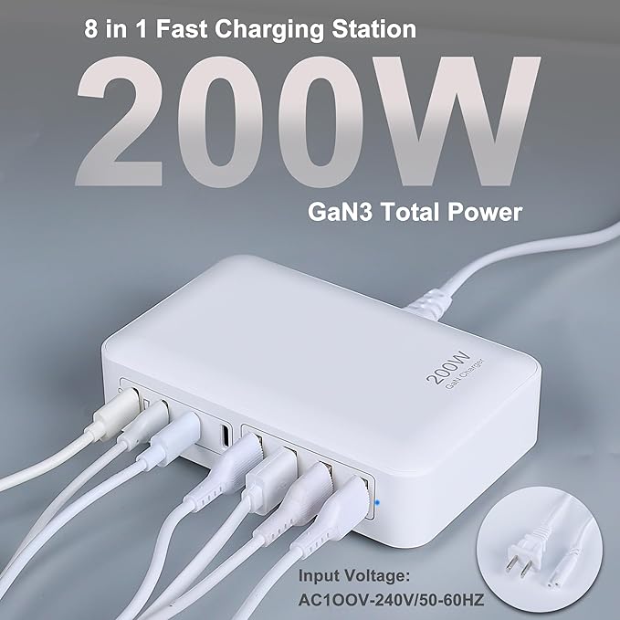 GaN 200W 8-Port USB Fast Charging Station | PD 65W Laptop & Multi-Device Adapter | Compatible with MacBook Pro/Air, iPhone 16/15/14, Galaxy S23/22 (White)