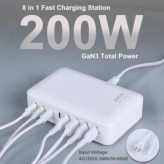 GaN 200W 8-Port USB Fast Charging Station | PD 65W Laptop & Multi-Device Adapter | Compatible with MacBook Pro/Air, iPhone 16/15/14, Galaxy S23/22 (White)
