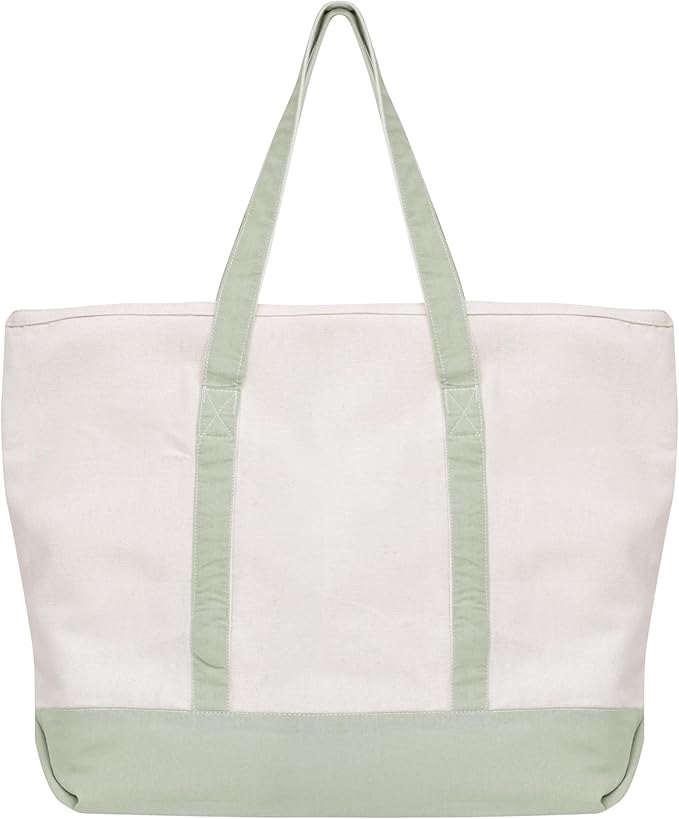 Sage Green Canvas Tote Bag - 22 Inch, Zipper Top, Exterior Pocket, 100% Cotton Tote Bag for Shopping, Picnic or Grocery - Premium Quality, Washable, Foldable, Sturdy Cotton Bag (Sage Green)