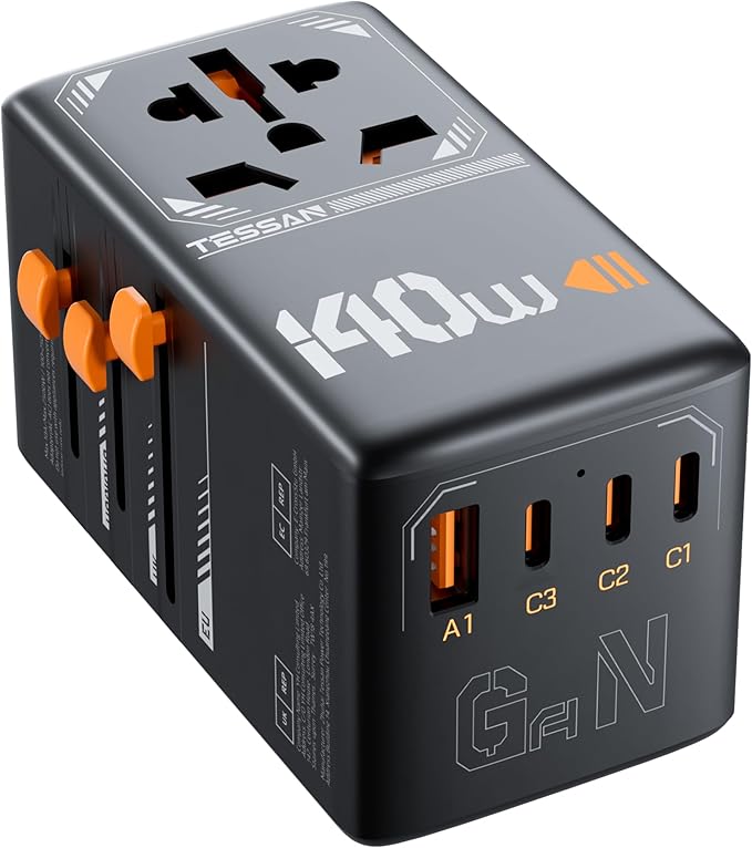 TESSAN Universal Travel Adapter, 140W GaN International Plug Adaptor with 3 USB C and 1 USB A Charging Ports, Worldwide Power Outlet for US to Europe UK AUS Ireland(Type C/G/A/I), Black