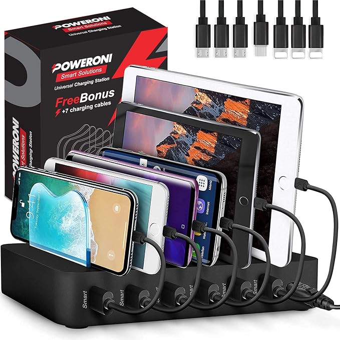 USB Charging Station 6-Ports - Fast Charging Station for Multiple Devices Apple - Multi Device Charger Station Dock - Compatible with Apple iPad, iPhone, Android, and Tablet