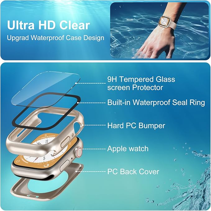 3 in 1 Waterproof Case for Apple Watch Screen Protector 45mm Series 9 8 7 Accessories Built-in Tempered Glass Film,Front and Back PC Hard Bumper 360° Protective Face Cover for iWatch 45mm