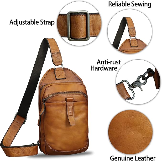 LRTO Genuine Leather Silng Bag for Men and Women Retro Leather Sling Backpack Purse Shoulder Crossbody Bag Chest Bag