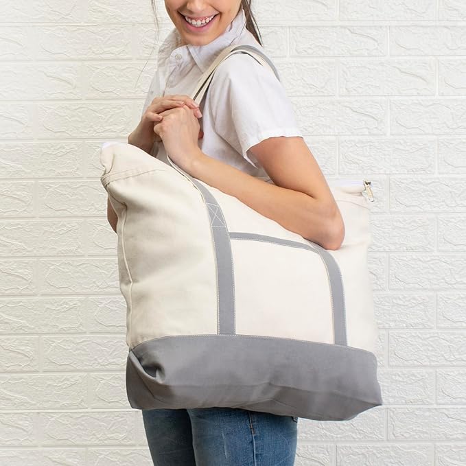 Cotton Canvas Tote Bag with an External Pocket & Top-Zipper Closure For - Gym, Beach, DIY, Work, Travel, Shopping