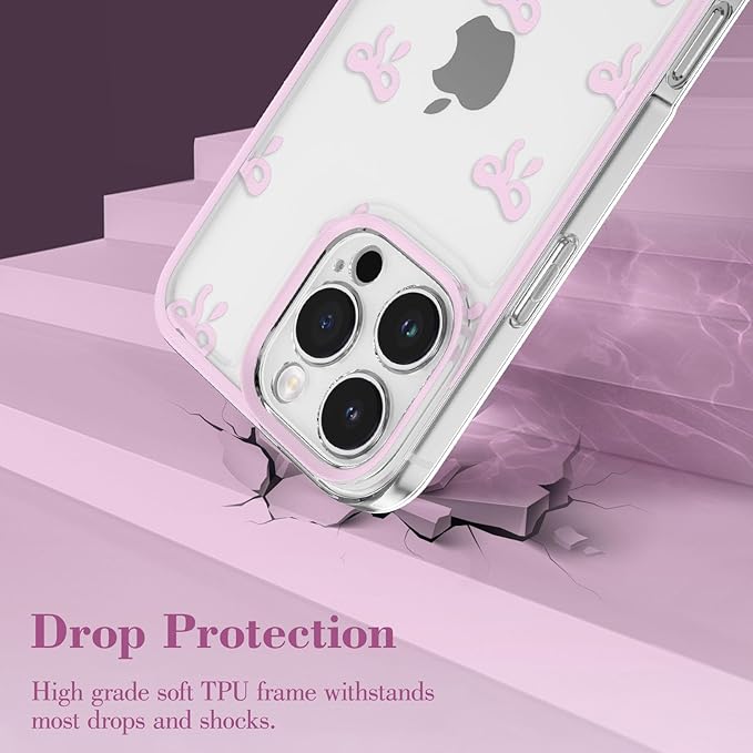 EYZUTAK Case for iPhone 17 Pro, Clear Cute Ribbon Bowknot Pattern Aesthetic Transparent Phone Case Raised Camera Protection Stylish Slim Soft Durable TPU Protective Cover for Women Girls - Pink