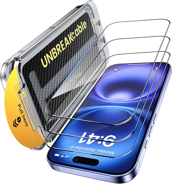 UNBREAKcable 3-Pack Screen Protector for iPhone 16 Tempered Glass - [One-Pull Perfection] [Auto Dust-Elimination] [9H+ Hardness] [99.99% HD Clear] Full Coverage for iPhone 6.1 inch