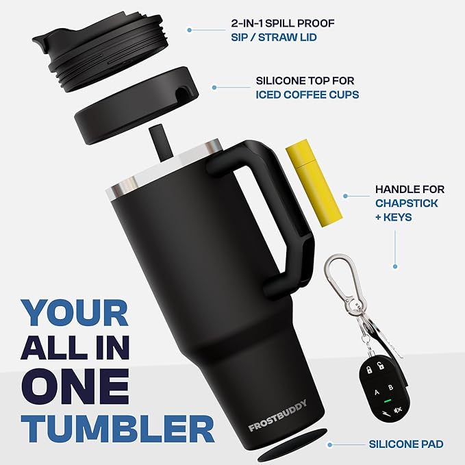 Frost Buddy Thicc Buddy - 40 oz Stainless Steel Vacuum Insulated Tumbler with Lid and Straw for Water - Travel Mug Cupholder Friendly - Gifts for Women Men Him Her (Black Wood)