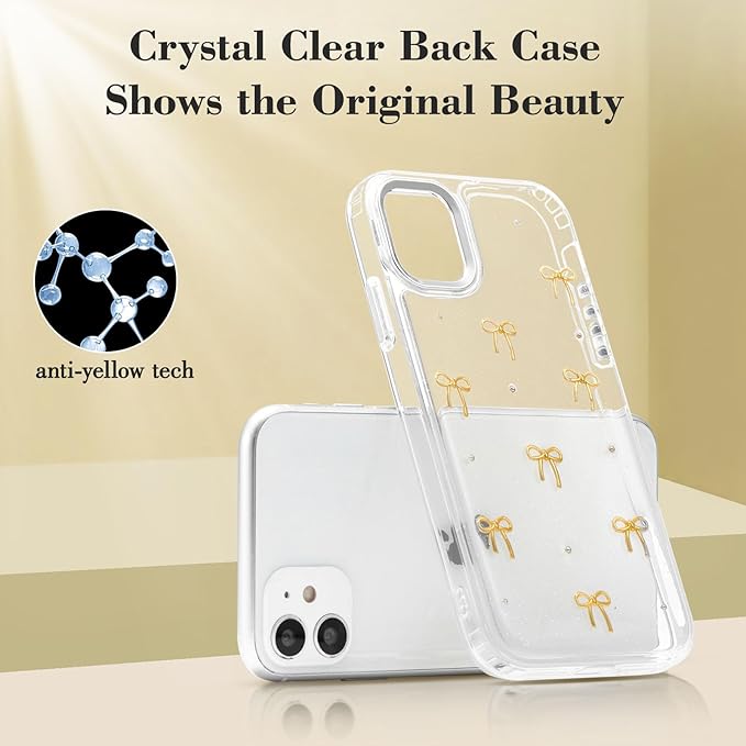 EYZUTAK Case for iPhone 12/iPhone 12 Pro, Bling Glitter 3D Bowknot Phone Case Cute Sparkly Crystal Clear Bow Aesthetic Case Slim Soft Durable TPU Transparent Protective Cover for Women Girls- Gold Bow
