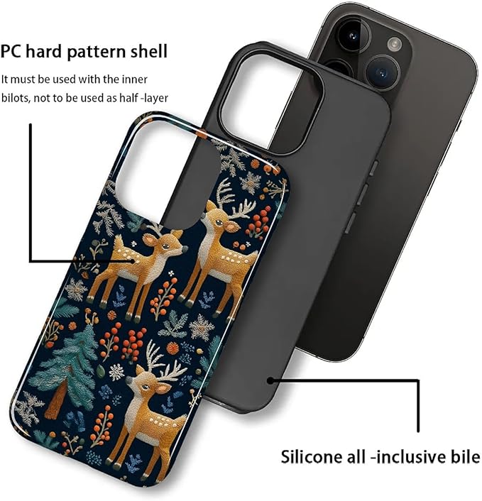 Case for iPhone 15 Pro Case,Cute Christmas Reindeer Design - Hybrid Dual Protection Silicone + Hard PC Shockproof Full Body Cover Slim Anti-Scratch Protective Case for Men Women