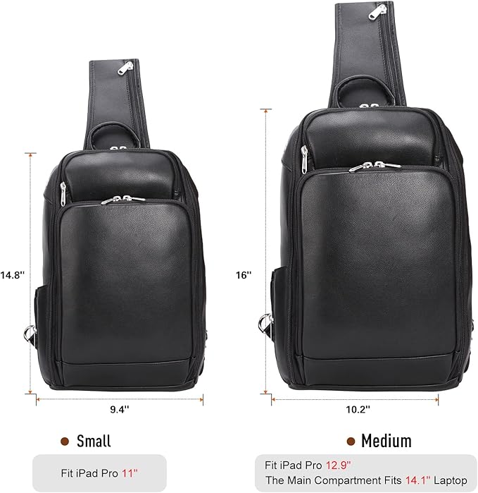 Polare Modern Style Sling Shoulder Bag Men’s Travel/Hiking Daypack with Full Grain Italian Leather and YKK Zippers