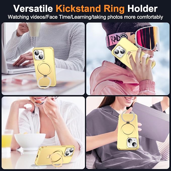 Compatible with iPhone 13 Case & iPhone 14 Case with Invisible Magnetic O-Ring Stand Phone Cases for 13 & 14 6.1" [Compatible with Mag-Safe][Great Grip Feeling], Gold