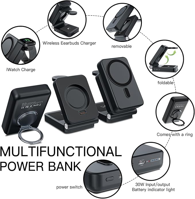 HUOTO 3 in 1 Foldable Magnetic Wireless for iPhone Charging Station,10000mAh Portable Charger Power Bank with Stand for MagSafe Battery Pack for iPhone 16/15/14/13/12 Series,for Apple Watch/Air pods