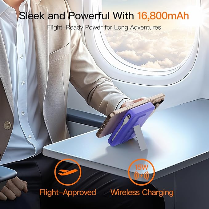 2025 Magnetic Battery Pack 16800mAh Mobile Power Bank, Portable Charger with Foldable Stand and Built-in Cable, 20W USB-C Fast Charging, Suitable for iPhone 17/16/15/14/13/12 Series