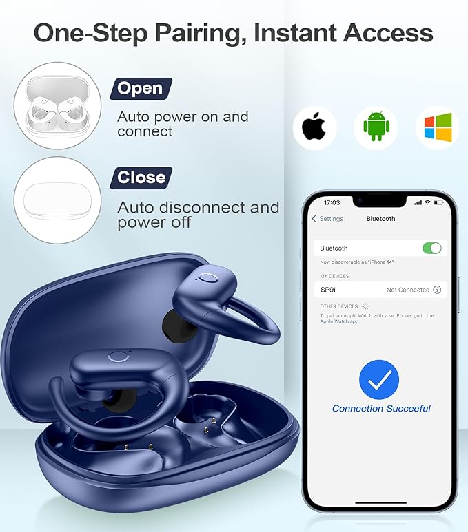 MOZOTER Wireless Earbuds Bluetooth Headphones Sport,Over Ear Buds with Deep Bass Sound,60Hrs Playtime Earphones Redesigned Comfort Fit with Earhooks for Running,Meeting,Workout- Blue