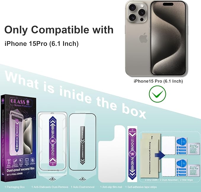 2 Pack Screen Protector Tempered Glass for iPhone 15 Pro 6.1-Inch Auto Dust Removal, No Bubbles, High Definition Clear, Easy Installation