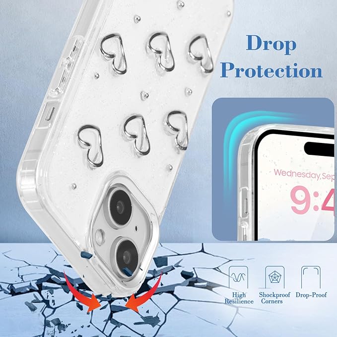 EYZUTAK Case for iPhone 14 Plus, Bling Glitter 3D Hearts Phone Case Cute Sparkly Crystal Clear Heart Aesthetic Design Case Slim Soft Durable TPU Transparent Protective Cover for Women Girls - Heart