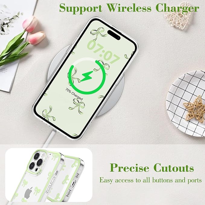 EYZUTAK Case for iPhone 13 Pro, Clear Cute Ribbon Bowknot Pattern Aesthetic Transparent Phone Case Raised Camera Protection Stylish Slim Soft Durable TPU Protective Cover for Women Girls - Green