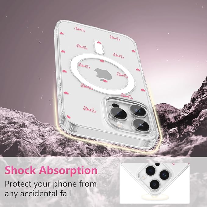 ZTOFERA for iPhone 16 Pro Magnetic Case Clear,Cute Love Heart Ribbon Bow Tie Aesthetic Phone Case,Transparent Trendy Slim Soft Shockproof Protective Phone Cover for Women Girls,Rose Pink