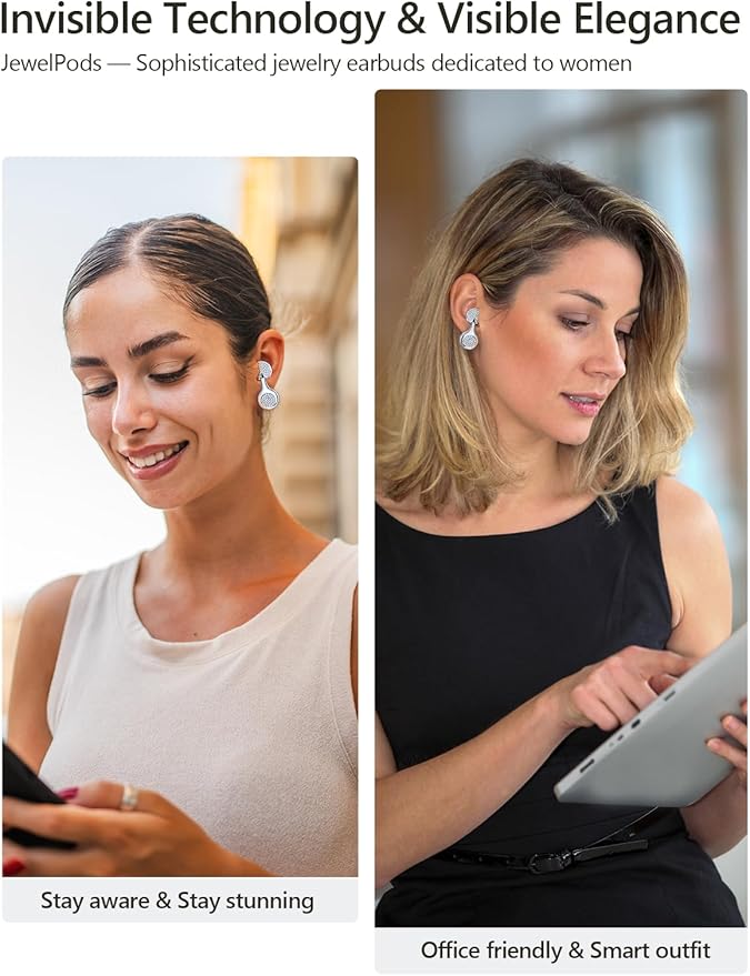 JewelPods H01 Wireless Earbuds, Pretty Bluetooth Headphones for Small Ears, Teardrop Design Metal Earbuds with Premium Sound, AI Clear Call & 72H Play, Unique Gift for Her, White Gold