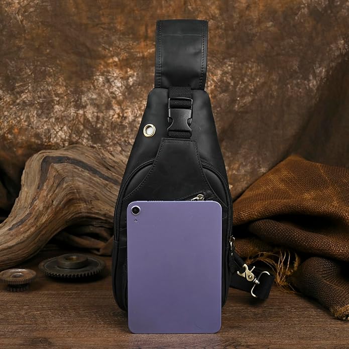 Le'aokuu Men Fashion Casual Tea Designer Travel Hiking Crossbody Chest Sling Bag Rig One Shoulder Strap Bag Men Leather 8015