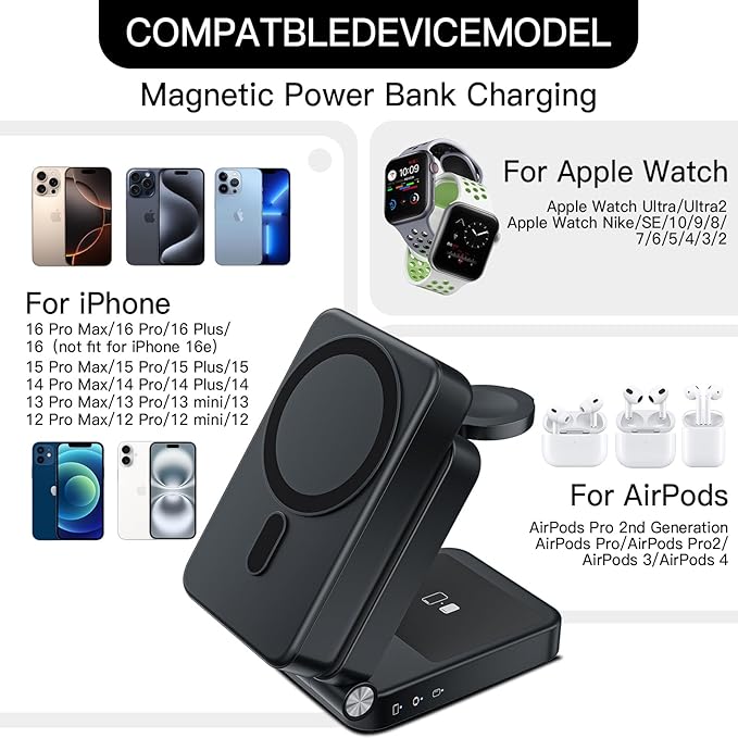 HUOTO 3 in 1 Foldable Magnetic Wireless for iPhone Charging Station,10000mAh Portable Charger Power Bank with Stand for MagSafe Battery Pack for iPhone 16/15/14/13/12 Series,for Apple Watch/Air pods