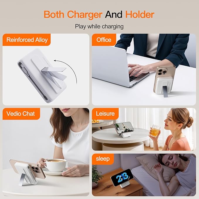 2025 Magnetic Battery Pack 16800mAh Mobile Power Bank, Portable Charger with Foldable Stand and Built-in Cable, 20W USB-C Fast Charging, Suitable for iPhone 17/16/15/14/13/12 Series