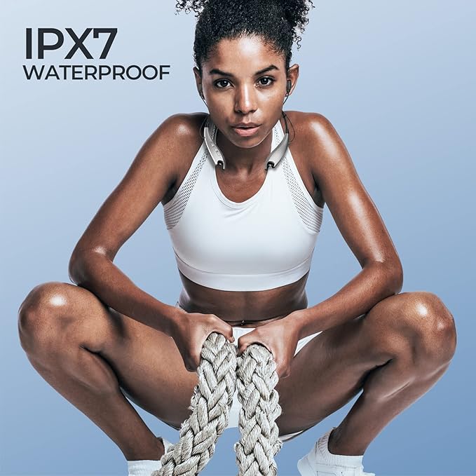 Neckband Bluetooth Headphones, Around The Neck Headphones 24H+ Playtime, Bluetooth Headsets with Call Vibration, Shark Jaw Design Wireless Earbuds+Noise Isolation/Mic/IPX7 Waterproof, Silver