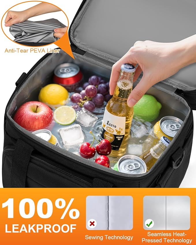 Lunch Box for Men Women Double Deck Insulated Lunch Bag for Men Woman Leakproof Expandable Cooler Bag with Adjustable Shoulder Strap for Work Picnic School(Black,16L)