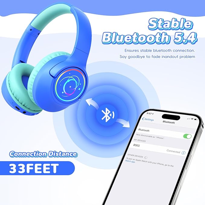 Kids Bluetooth Headphones, 85H Playtime Wireless Headphones for Kids, Colorful LED Lights, 85/94dB Safe Volume Limit, Bluetooth 5.4 Built-in Mic Toddler Headset for Tablet/Airplane/Travel (Blue)