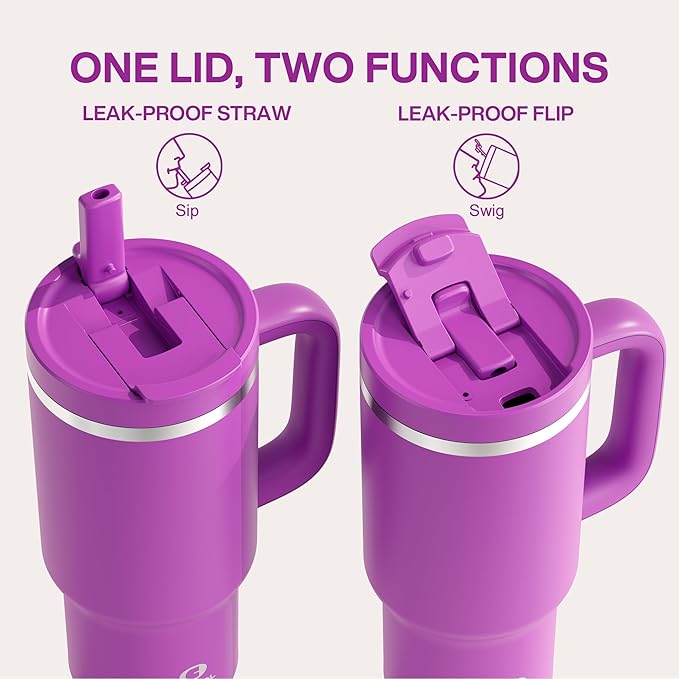 32 oz Tumbler with Handle and Straw: Stainless Steel Insulated Tumbler Keeps Cold for 24 Hours, Leakproof Travel Cup Fits in Cup Holder and BPA-Free, Bright Magenta