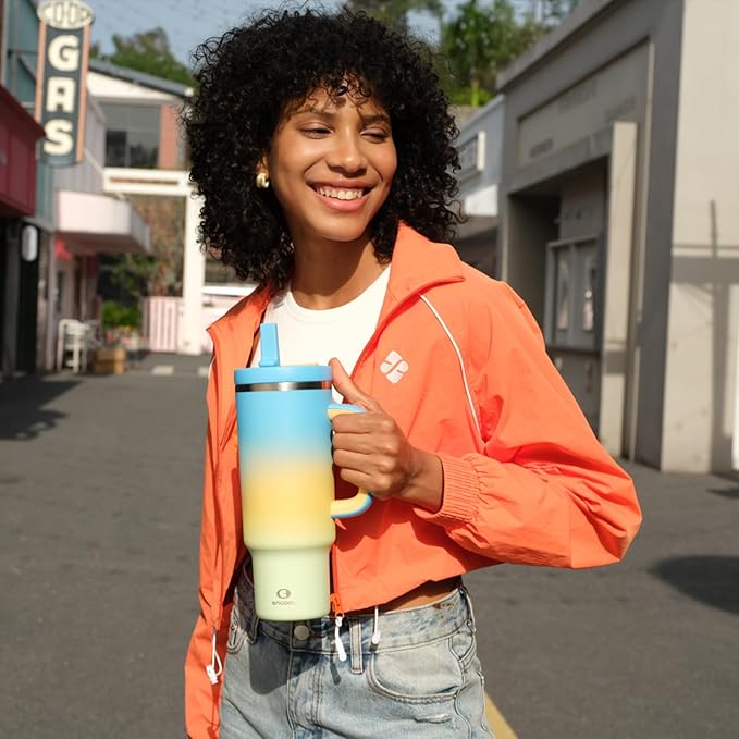 32 oz Tumbler with Handle and Straw: Stainless Steel Insulated Tumbler Keeps Cold for 24 Hours, Leakproof Travel Cup Fits in Cup Holder and BPA-Free, Sunny Breeze