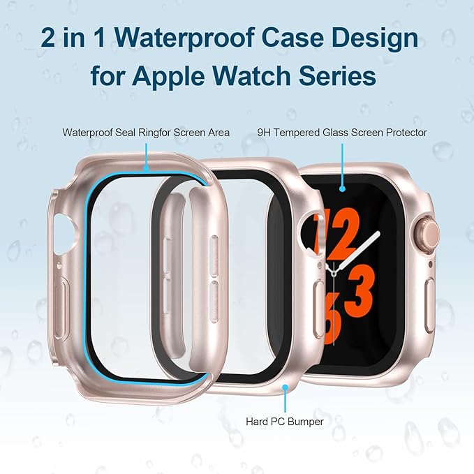 2 in 1 Waterproof Case for Apple Watch Screen Protector SE SE 2 SE 3(2025) Series 4 5 6 44mm Built-in Tempered Glass [Overal Protective] Ultra-Thin PC Bumper Cover Compatible iWatch