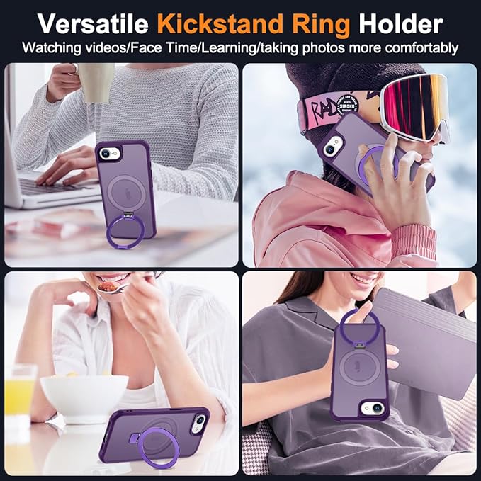 Compatible with iPhone 16E Case with Invisible Magnetic O-Ring Stand Military-Grade Translucent Case for iPhone 16E 6.1" 2025 [Compatible with Mag-Safe][Great Grip Feeling], Purple