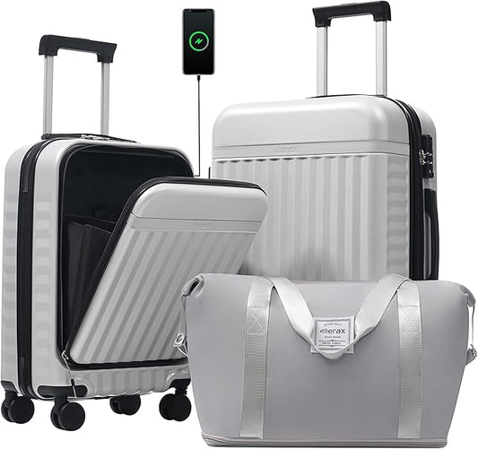 Merax Luggage Sets Front Opening, 2 Piece Hardshell Suitcase with Spinner Wheels and Bags,Lightweight Carry on Luggage with USB Port,20+24,White Grey