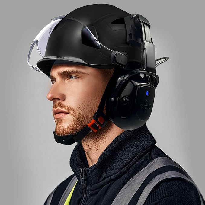 Hard Hats with Visor Bluetooth Ear Muffs Safety Helmet with Visors Mounted Safety Ear muff Hardhats Vented ANSI Z89.1 OSHA