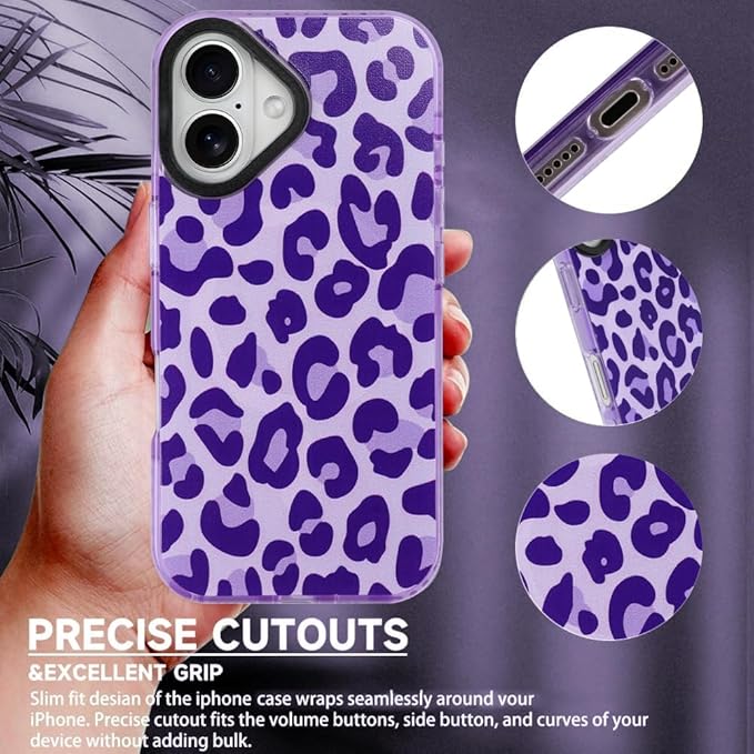 SAKUULO Magnetic for iPhone 16 Plus Case Dark Purple Leopard Print Pattern [Compatible with MagSafe] [with Screen Protector] Wireless Charge Strengthen Protection Cover, Dark Purple Leopard (6.7")