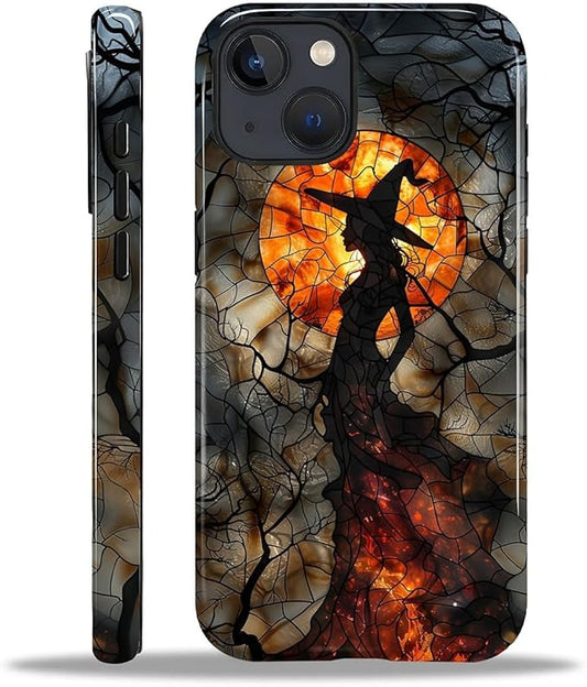 Case for iPhone 15 Case,Halloween Witch Moon Stained Glass Design - Hybrid Dual Protection Silicone + Hard PC Shockproof Full Body Cover Slim Anti-Scratch Protective Case for Men Women